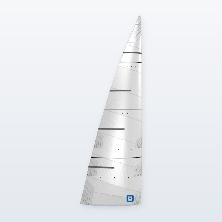 Illustration of an Able 20 cruising mainsail from Sails.Online: cross-cut Dimension-Polyant woven Dacron, 3 leech battens and 1 full-length head batten, 2 reefs