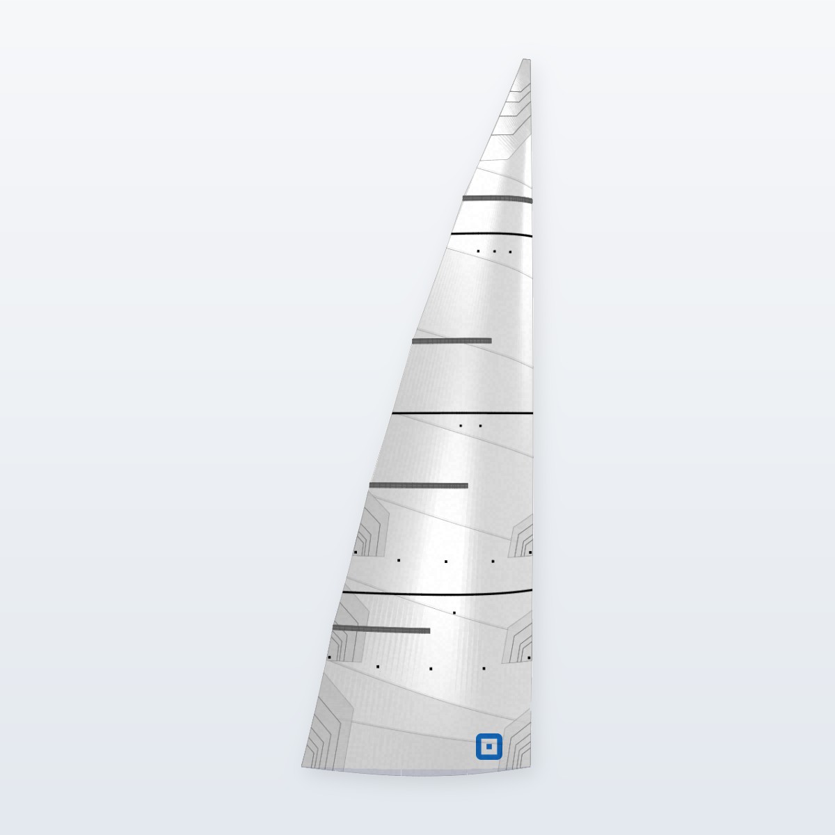 Illustration of a NM 43 cruising mainsail from Sails.Online: cross-cut Dimension-Polyant woven Dacron, 3 leech battens and 1 full-length head batten, 2 reefs