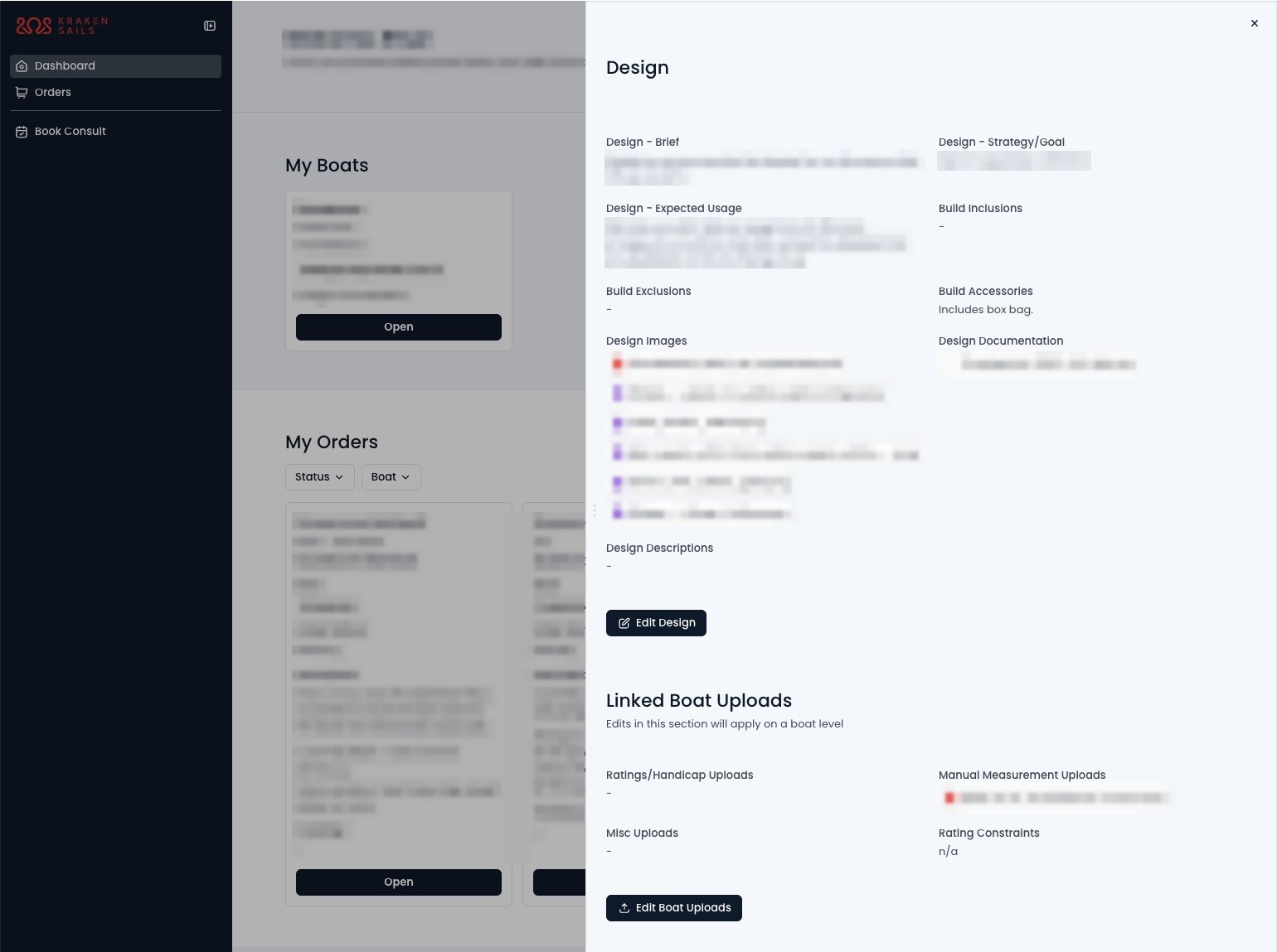 The Kraken Sails customer portal, showing an order’s build stage, design notes and uploads (customer details blurred)